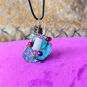 Handmade Pendant Blue Sea Beach Glass Bead Accents Silver Wire-Wrapped Necklace